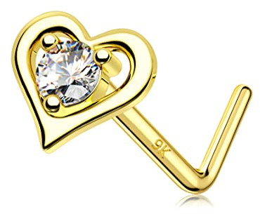 Melighting Nasenpiercing 9Karat Echt Gold Nasenstecker Stud Nasenring L Form Nasen Screw 20G(0,8mm) Herz Diamant Nasen Nostrial Piercing Schmuck