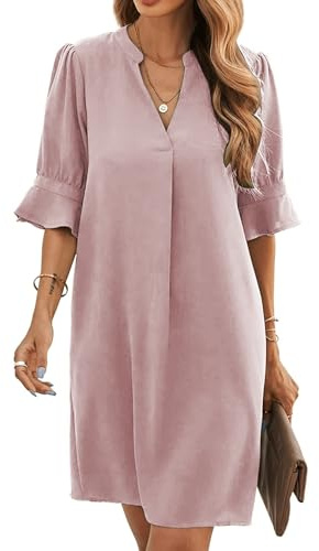 Famulily Robe chemise élégante et décontractée, pour femmes, avec col en V, manches mi-longues, couleur unie, tailles S à XXL