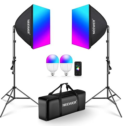Neewer RGB Softbox Lighting Kit with App Control & 9 Effect Modes, 2 Pack 24W CE/UKCA Certified LED Bulbs CRI93+ TLCI98+, E27 Porcelain Sockets, 24 Softboxes, for Studio Photography Lighting, NK800