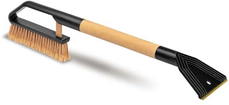 ToM PaR Cepillo y Rascador | 2 en 1 Escobilla para Nieve y rasqueta de Hielo | 50% Cerdas Naturales | Mango de Madera | Cuchilla de latón | Rascador para Finos | Longitud: 70 cm