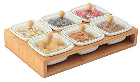 NZPOST Frutero de Madera y cerámica, Hay 4 o 6 tazones para refrigerios con Tapa de Vidrio y 1 Bandeja Que se guardan cuidadosamente y Son Muy prácticos (31,8 cm)