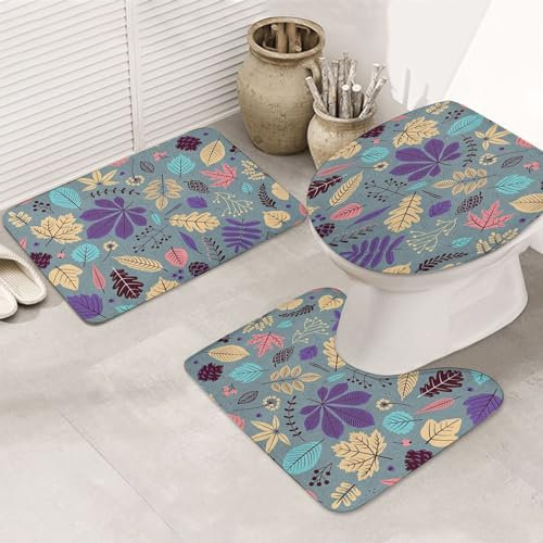 ERICAT Microfibra Alfombrillas de baño absorbentes Lavables,Otoño n con Hoja Resumen Lindo telón de Fondo Otoño rful Hojas Lila El Elegante,Alfombra de baño Antideslizante Set de Baño de 3 Piezas