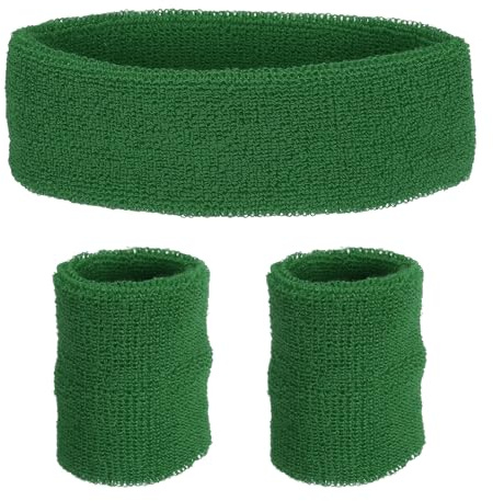PATIKIL Sports Wristbands Headband Set, 8x8cm Cotton Terry Cloth Athletic Absorbent Sweatband 20x5cm Headband for Tennis Basketball Running, Dark Green (1 Headband & 2 Wristbands)