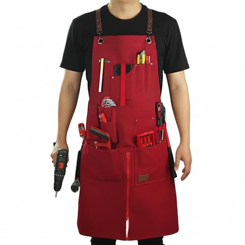 Stenffy Woodworking Apron, Tool Apron, Canvas, Multiple Pockets, Adjustable Zipper, Metal Ring, Tape Measure Clip, Plus Size, Red