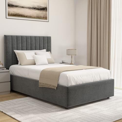 Upholstered Ottoman Bed Single Bed Frame UKFR Velvet Dark Grey Ottoman Storage Bed with Gas Lift End Opening Wooden Slats with Storage Bed (3ft Single 90 x 190, No Mattress)