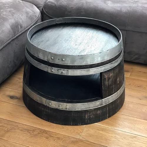 Fass-Schmiede Weinfass Couchtisch mit Einlegeboden aus halbiertem Weinfass Sofatisch Beistelltisch (Shabby Black)