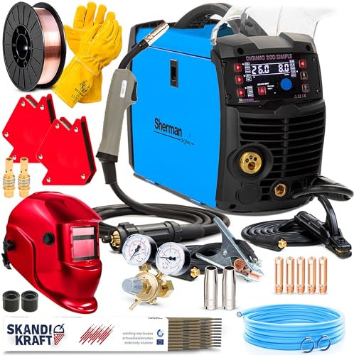 Sherman DIGIMIG 200 SIMPLE - 200A poste a souder mig avec gaz et sans gaz - synergie et soudobrasage - soudage: MIG/MAG, MMA, TIG lift - 2 temps/4 temps, mémoire de réglage - Kit premium