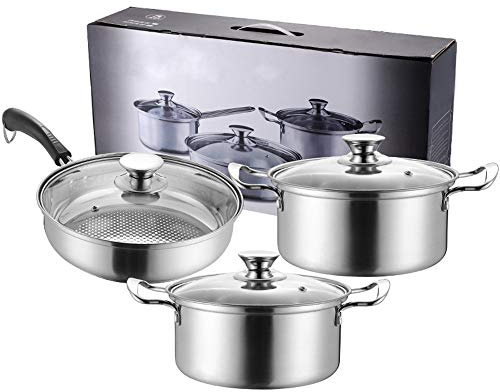 OQHAIR Juego de Utensilios de Cocina de 3 Piezas de Acero Inoxidable Profesional con Tapas de Vidrio Templado, sartenes y ollas, Utensilios de Cocina para Todo Tipo de Estufas, Juegos de