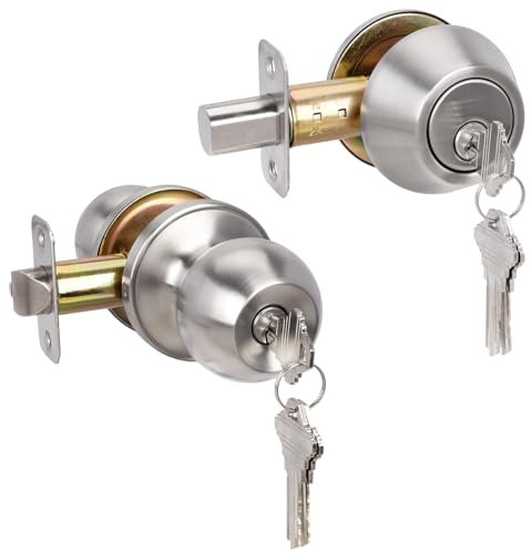 HOSOM Deadbolt Lock and Door Knob Set, Keyed Alike Exterior Door Lock Set, Entry Door Knob and Single Cylinder Deadbolt Combo for Entrance and Front Door, Satin Nickel, 1 Pack