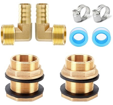 WISIRENT Regentonnendurchführung Aus Messing, 2 Stück Außengewinde 3/4 Innengewinde 1/2 in Messing Tankverschraubung, Verschraubung Wasserhahn Schlauchtülle, mit 304 Schlauchklemmen