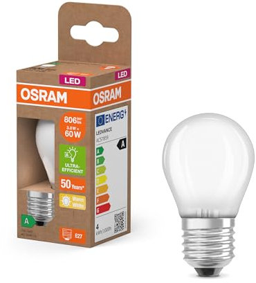 Osram Energy Class LED-Lampe in klassischer Miniballform, 3.8 W / 806 lm, EEK A, warmweißes Licht (2700 K), CRI 80, aus gefrostetem bleifreiem Glas, E27 Sockel, IP20, 45 mm Durchmesser.
