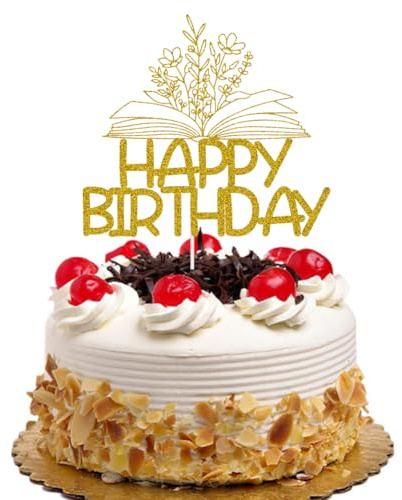 QXQXBA Happy Birthday Cake Topper Book Club Birthday Party Book Lover Cake Topper Gold Glitter