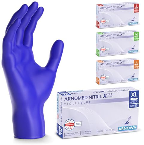 ARNOMED Gants nitrile taille XL, gant bleu violet, 100 pièces/boîte, gants jetable sans accélérateur, non poudrés, sans latex, gants en caoutchouc hypoallergénique, gants en S, M, L, XL