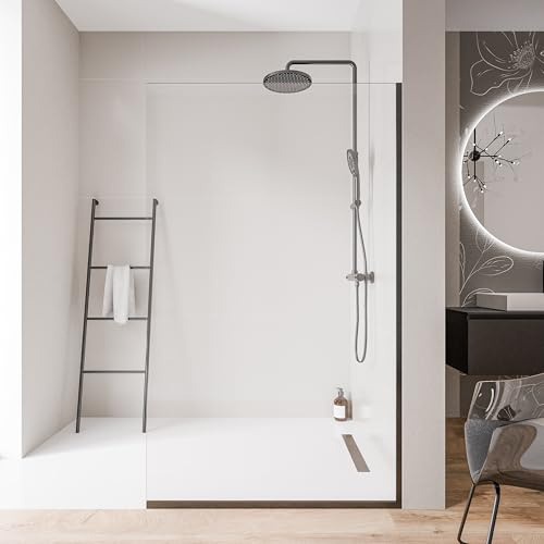 Bernstein Walk-In Dusche EX102 – Duschabtrennung aus 10 mm ESG Klarglas, Duschwand 70 x 200cm mit Nano-Beschichtung, Rahmenlos, Edelstahlprofil Schwarz, Glastrennwand mit Bodenprofil