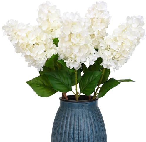 JUSTOYOU 3 Set Künstliche Hortensien Kunstblumen,Single Long Stem Realistische Hydrangea Blumen, 29.5Inch große Real Touch Fake Hydrangea Blumensträuße für Hochzeit Home Party Garten(Seiden Weiß)