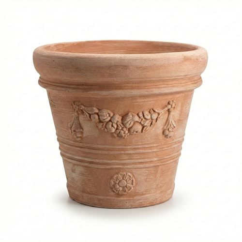 Teramico Pflanzgefäß Terrakotta 100% frostfest (Festonata Toscana, 40cm) | Wunderschöne detaillierte Terrakotta Blumentöpfe aus traditioneller Handarbeit für Ihre Gestaltung von Haus und Garten.