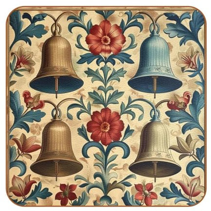 6-Pack Square Coasters for Drinks, Retro Bells Holiday Mug Cup Mats Pad Coffee Wine Wooden Glass Tabletop Protection for Housewarming Bar Decor