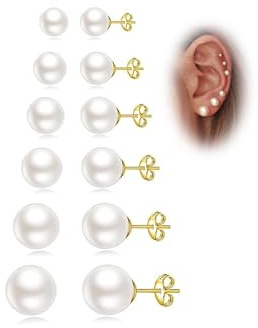 Senteria Gold Plated Stud Earrings for Women Hypoallergenic Small Pearl Stud Earrings Lightweight Shiny Gold Plated Earrings Studs for Women 6 Pairs 3-10MM