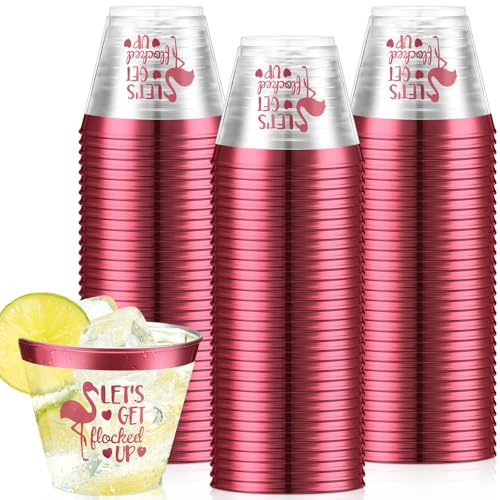 Jingmore 50 Pcs 9 oz Disposable Flamingo Cups Pink Clear Plastic Flamingo Drinking Cups Let's Get Flocked up Wine Bridal Shower Wedding Tumblers Hawaiian Luau Party Supplies