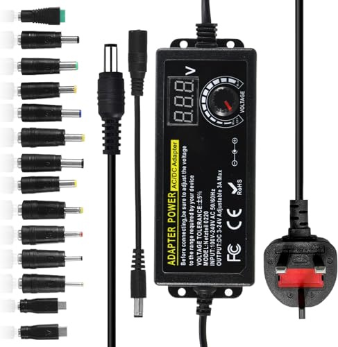 QESSUVNC Universal Power Adapter AC 100V~240V To DC 3V~24V 3A 72W, Adjustable Variable Power Supply With 14 Kinds of Plugs, AC/DC Adapter Charger With Display Screen And Polarity Converter