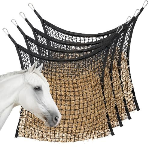 MKO SHUN 4 PCS Slow Feed Hay Net for Horses, Large Capacity Hay Bags for Horses Goats Sheep Donkey Trailer Full Day Feeding, Easy to Fill and Hang, Black, 35 x 31 Inch