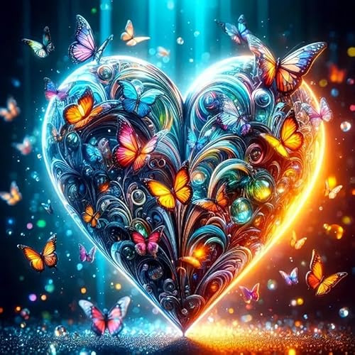 Picmondoo Diamond Painting - 50x50cm - Schmetterlingsherz | quadratische Harzsteine, AB-Steine, Strass- & Metallicfarben, klares Raster, Stift, Wachs & Schale für entspanntes DIY