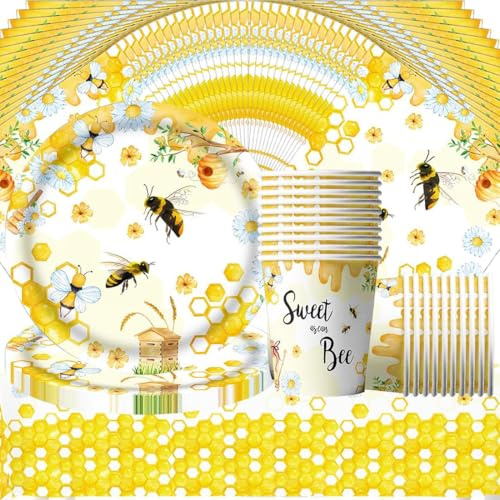 Biene Partygeschirr Set,Doyomtoy Biene Peach Babyparty Deko Serve 20 Gäste Geburtstag Partygeschirr,Tischdecken,Teller,Tassen,Servietten für Babyparty Partyzubehör Geburtstag