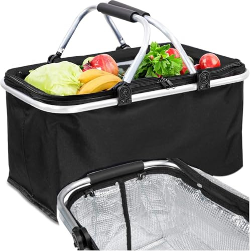 Kühltasche Groß 2 – Faltbarer Kühlkorb mit stabilem Aluminiumrahmen, Thermo Isoliertasche für Einkauf, Picknick, Camping & Auto, Isolierter Einkaufskorb, Schwarz
