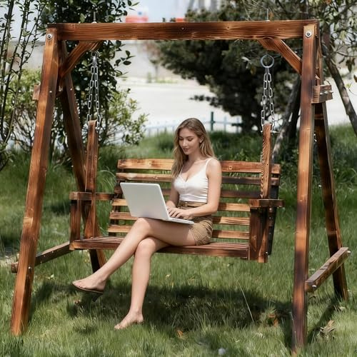 MDDKOP Hollywoodschaukel Holz Gartenschaukel Schaukelbank Schaukel 2-Sitzer Lärche Für Innen und Außen 140 x 120 x 152 cm