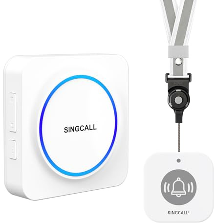 SINGCALL Pulsante di Emergenza Wireless per Anziani e Pazienti Disabili Sistema Salvavita con Allarme e Chiamata d'Emergenza, 32 Suonerie, Volume 0-100dB, 1 Ricevitore Portatile + 1 Pulsante SOS