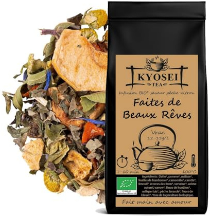 Kyosei Tea – Infusion Bio “Faites de Beaux Rêves” – Vrac 80 g – Camomille, Verveine & Lavande – Saveur Pêche & Citron – Infusion Relaxante & Apaisante – Sans OGM & Sans Gluten