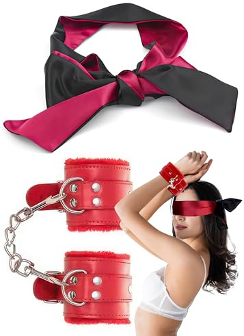 Red Fluffy Handcuffs for Grownups Bedroom with Chain, Adjustable Padded Cuffs and Satin Eye Mask for Adults, Accessories for Play