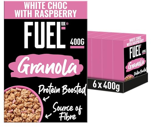 FUEL10K Protein Boosted White Chocolate & Raspberry Granola, 400 g (6-Pack) | Source of Fibre, Vitamin Boosted, Wholegrain Oven-Toasted Crunchy Oats and Wheat Clusters, Convenient Breakfast or Snack