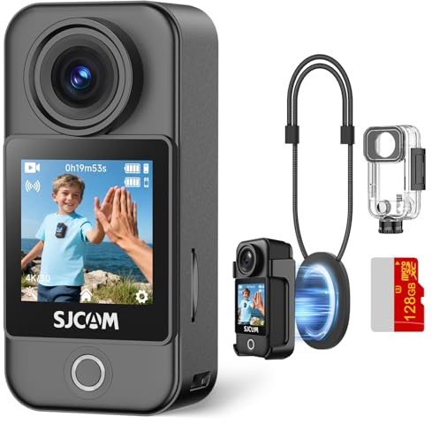 SJCAM C400 Caméra de poche pour vlogging 128 Go, caméra corporelle 4K, utilisation d'énergie 7H, caméra d'action stabilisateur à 6 axes, écran tactile de 5,7 cm, étanche à 30 m, pour diffusion en