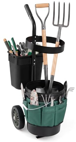 COSTWAY Carro de Jardín para Herramientas, Carrito de Transporte de Jardinería con 2 Cubos Desmontables, Bolsas de Tela Oxford, Estructura de Metal, Carretilla de Utensilios para Exterior