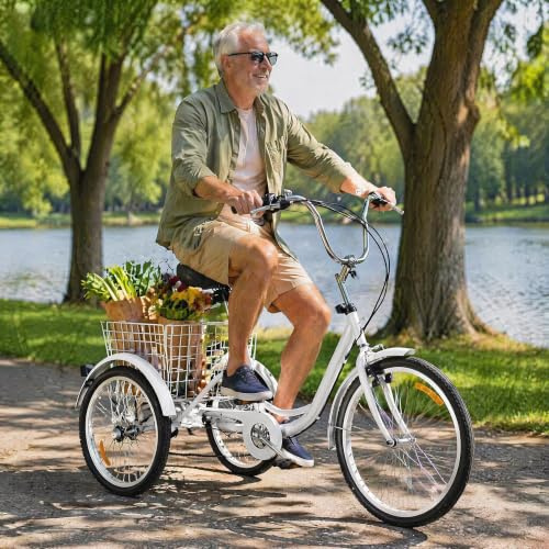 Trehjuling Vuxen 24 Tum 7 Vaxlar Cykel 3 Hjul med XL Bakkorg Lag Instegs Stal Ram for Aldre Kvinnor Man Handla Traening Fritid Daglig Anvandning White
