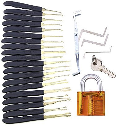 loboo 24 Stück Goso Locksmith Tools Dietriche mit härterer Verpackung und 1 Stück Übungsschloss, transparent