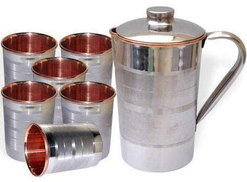 Copper Master Pichet à eau fait à la main en acier inoxydable avec extérieur et intérieur en cuivre et 4 verres en acier inoxydable