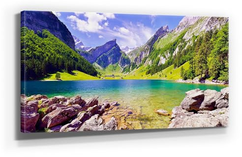 Atemberaubendes Bergbild auf Leinwand - Seealpsee mit Säntis - als 120x60cm großes XXL Leinwandbild. Wandbild als Hintergrund und Deko für Wohnzimmer & Schlafzimmer. Aufgespannt auf Holzrahmen