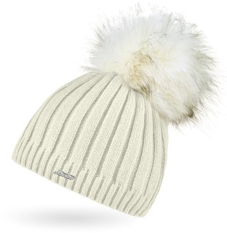 Neverless® Damen Strick-Mütze gefüttert Fell-Bommel Kunstfell Bommelmütze Fleece-Innenfutter