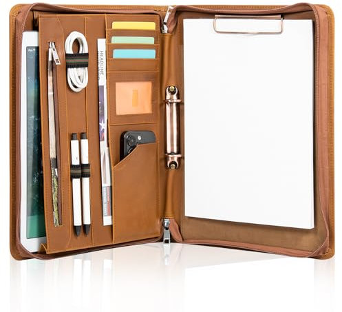 Calfinder Konferenzmappe Leder, Dokumentenmappe Schreibmappe a4 mit Ringbuch, 2 Ring Binder Ledermappe mit a4 Klemmbrett/Reissverschluss, Business Organizer Mappe, Geschenk für Herren/Damen, Braun