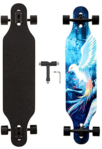 Longboard, 8-lagigem Ahornholz Cruiser komplettes Skateboard,Longboards für mädchen Erwachsene jung anfänger mit T-Tool und PU-Räder (weiß und blau)