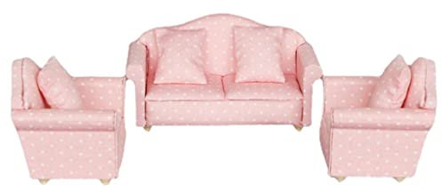 Holz SpielzeugSpielzeugpuppe Möbel Aufenthaltsraum Kit für Maßstab 1:12 Spielzeugpuppenhaus Spielhaus Holz Spielzeug Möbel Rosa Sofa mit Set Kinder Geschenk, Sofa Set
