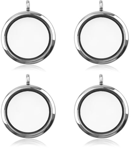 WANDIC 4 Stück Memory Medaillon Charms, Rund Silber Weiß Galvanisierter Kristall Bilderrahmen Bouquet Charm Medaillon Glas, Amulett zum Öffnen Memory Anhänger Befüllbar für 2 Foto