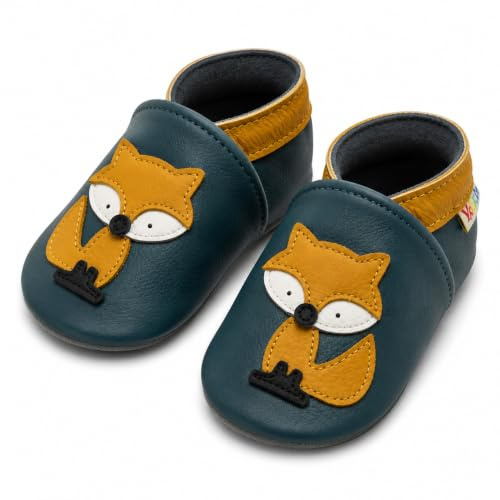 YALION Chaussons Cuir Souple Bébé Fille Garçon Antidérapante Chaussures Premiers Pas pour Enfant(Dessin Animé Renard Vert Foncé,12-18 Mois)
