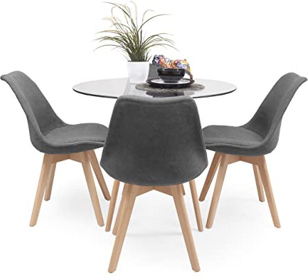 Homely - Conjunto de Comedor Tower Day Tela Mesa Redonda de Cristal de 100 cm y 4 sillas de diseño nórdico tapizadas (Gris Oscuro)