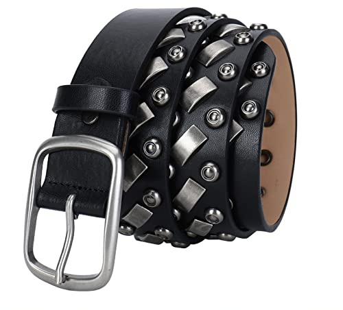 Nietengürtel Herren Und Damen 3 Reihen Pyramide Metall Nieten Ledergürtel mit Rundnieten im Hip-Hop Style Gürtel Für Jeans, Hosen, Gothic, Punk, Rockwear,Black~b,105cm/waist:34~36