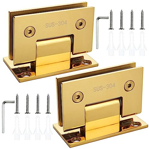2 Pack 90 Degree Glass Door Hinges Frameless Heavy Duty Stainless Steel Shower Door Hinge Bathroom Gate Clamp for 8-12 mm Glass Shower Doors Hinge Replacement Part Wall-to-Glass (Titanium Gold)