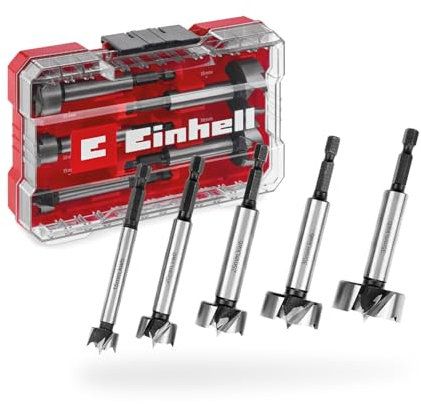 Set di punte Forstner originale Einhell M-CASE da 5 pezzi (in acciaio C65, gambo E 6,3, tagliente trasversale, punta di centraggio, forma della testa conica, tagliente chiuso su 4 lati)