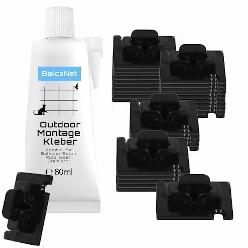 60 Klebehaken schwarz + 60ml außen Montagekleber, Katzennetz für Balkon, Katzennetz ohne Bohren, Fensterschutz Katze, Befestigung Katzennetz, Balkonnetz Katzen